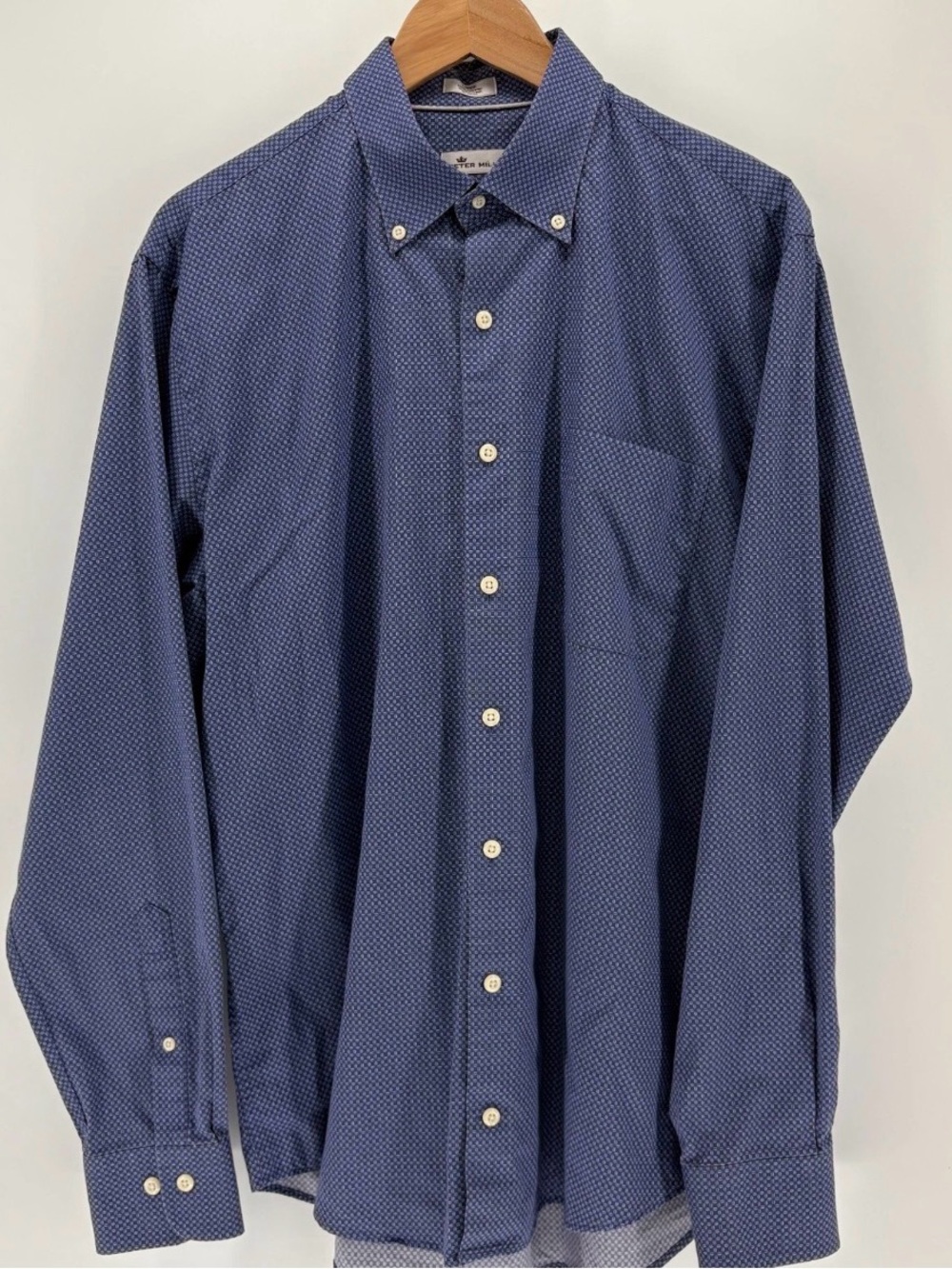 Peter Millar Crown Finish Geometric Dress Shirt Blue White Cotton Mens Large